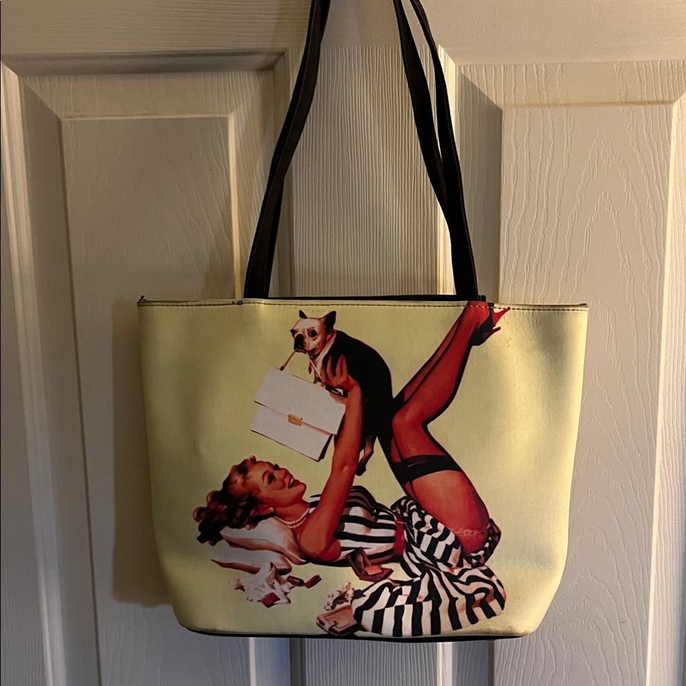 Stylish Cream Tote Bag with Retro Print Boston Terrier pin-up